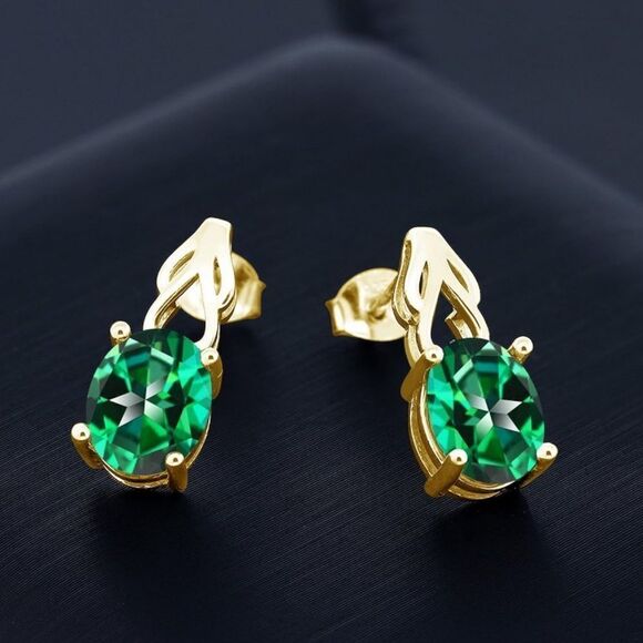 18K Yellow Gold 925 with 4.00 Cttw Rainforest Topaz Oval Post Back Drop Earrings - Picture 2 of 4